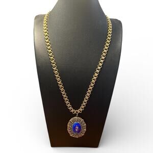 Signed Goldette Locket Necklace: Vintage 1960s Blue Cabochon Pendant